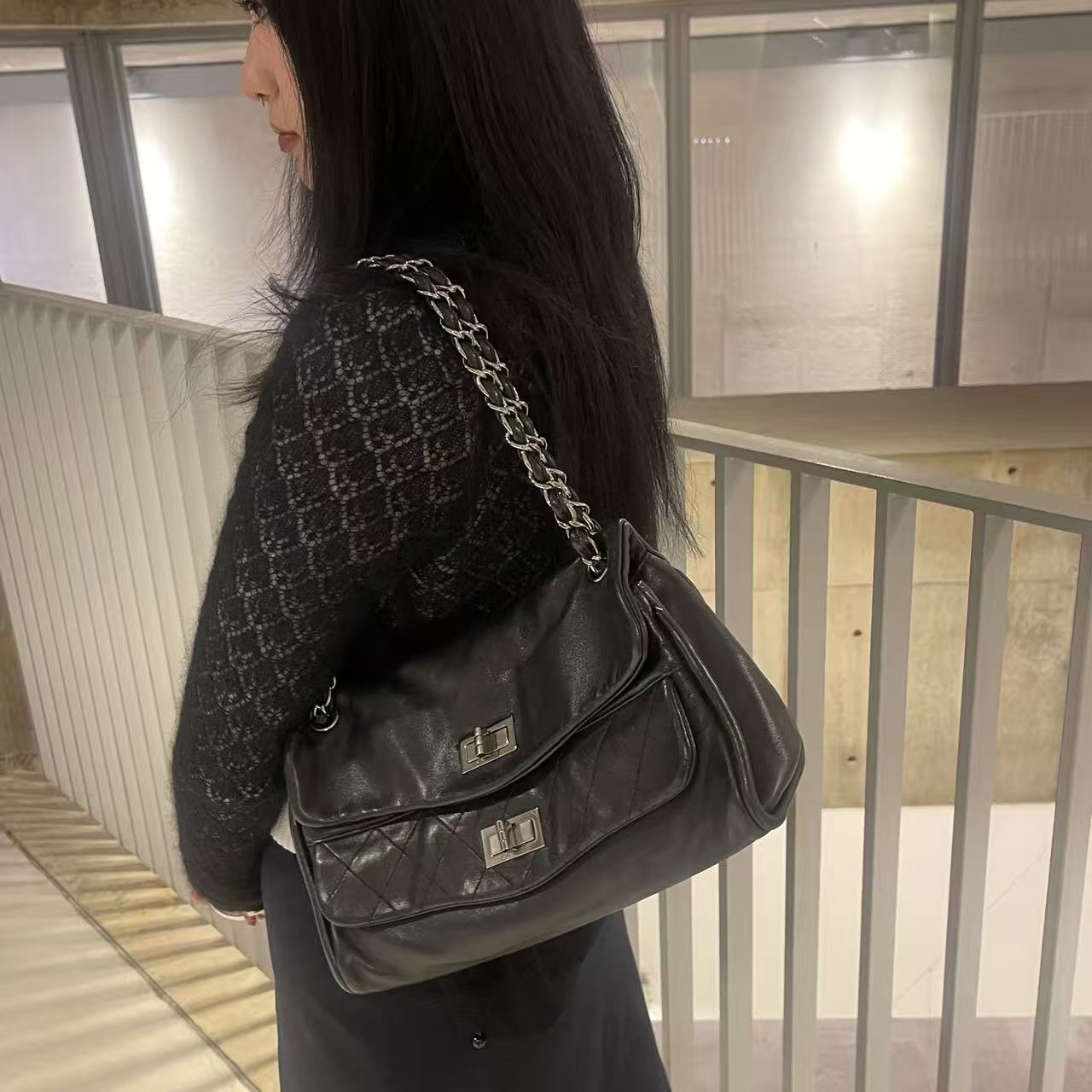 Chanel 2.55 Double Flap Lambskin Chain Bag – Black & Silver [Used]