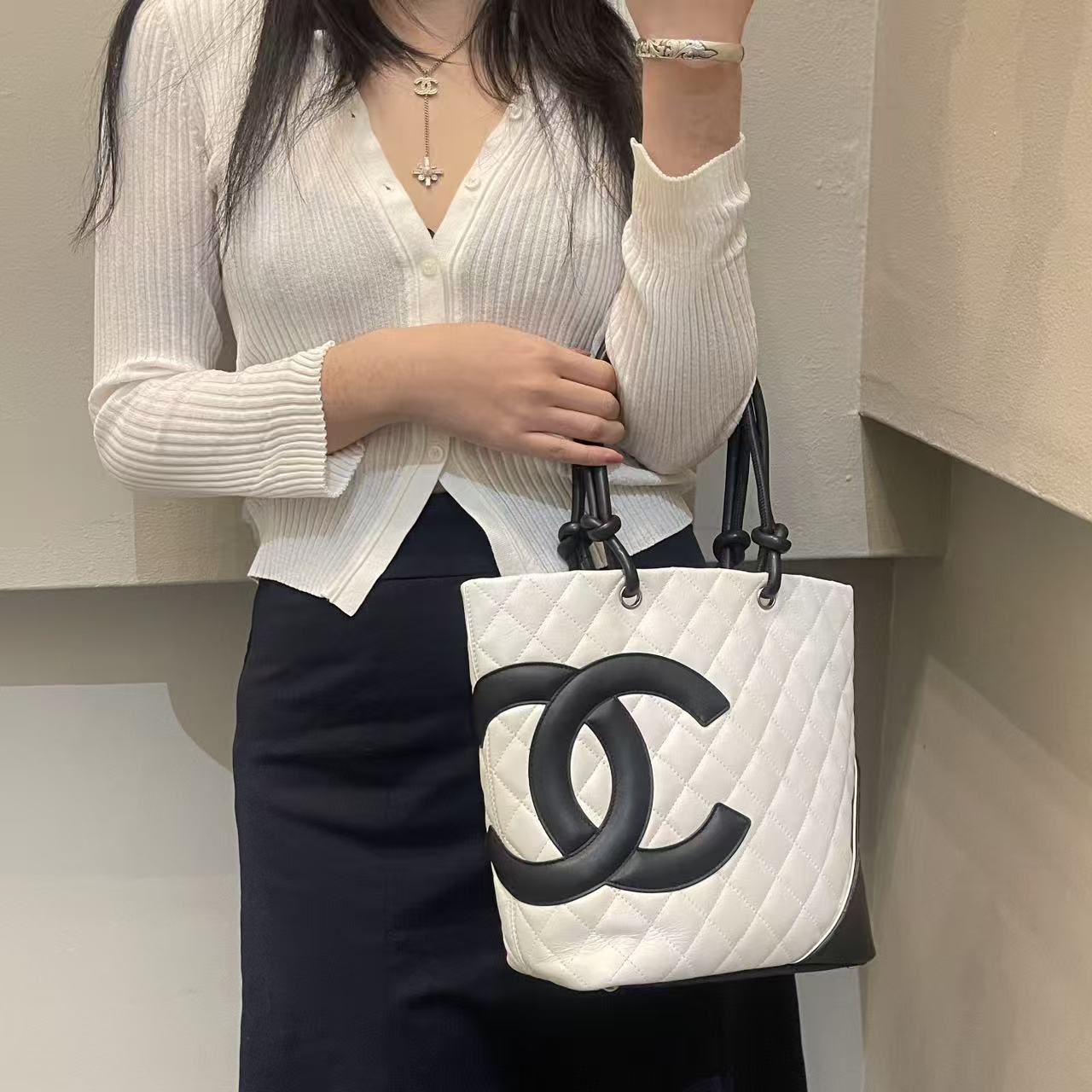 Chanel Calfskin Cambon Bucket Tote Bag White and Black [Used]