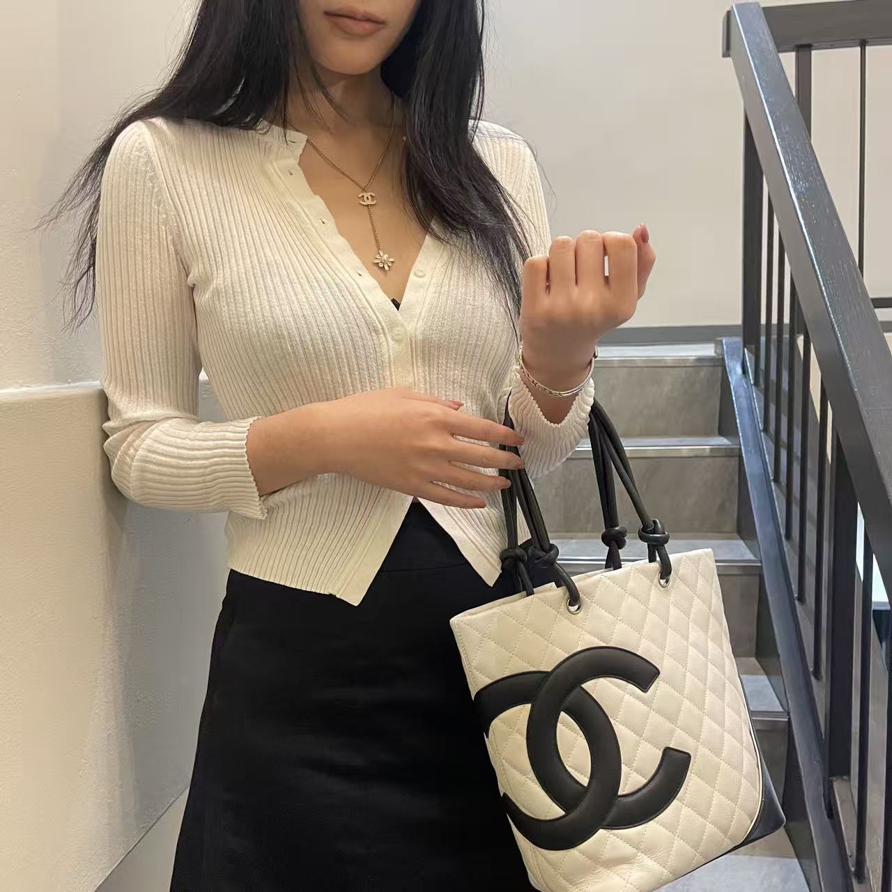 Chanel Calfskin Cambon Bucket Tote Bag White and Black [Used]
