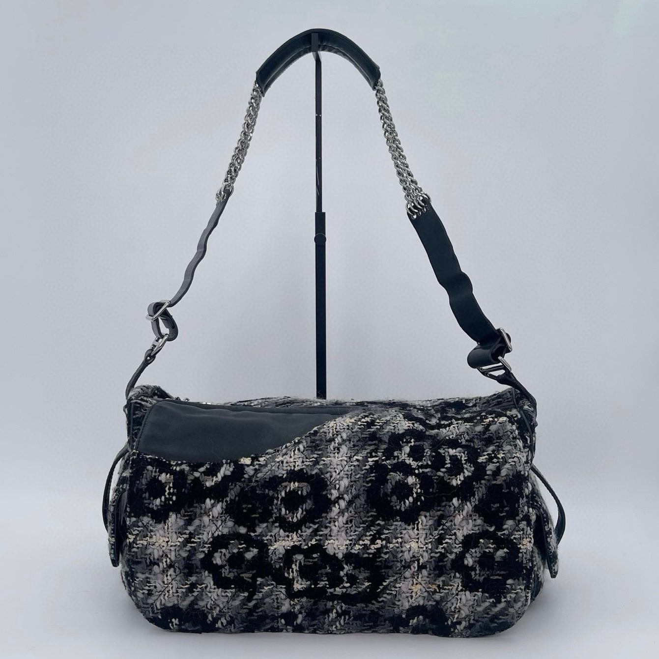 Chanel 2.55 Black & White Floral Tweed Leather Chain Shoulder Bag [Used]
