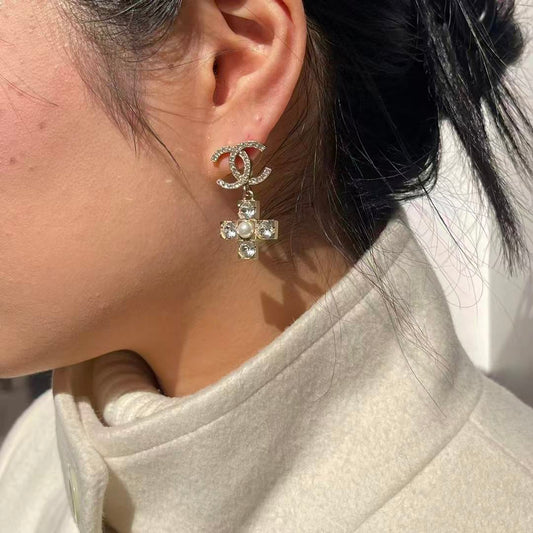 Chanel Vintage Cocomark Drop Stud Earrings with Rhinestone Cross[Used]