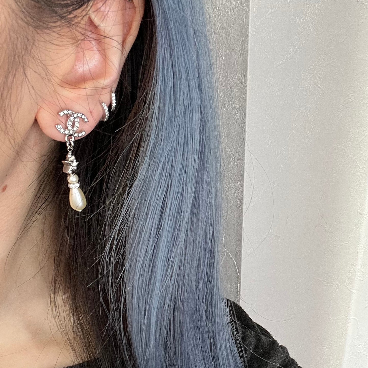 Chanel Silver Rhinestone CC Star & Pearl Drop Earrings [Used]