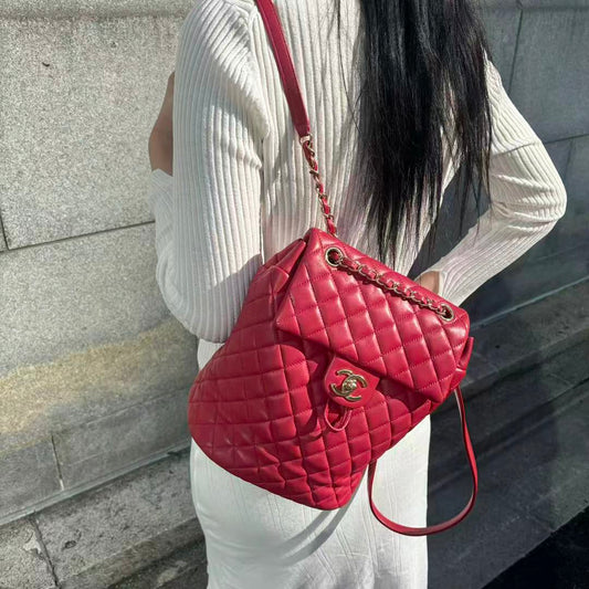 Chanel Red Caviar Leather Chain backpack Bag Silver Hardware [Used]