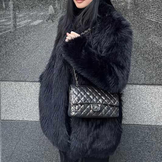 CHANEL Classic Flap Bag Black Calfskin with Silver Lace Overlay [Used]