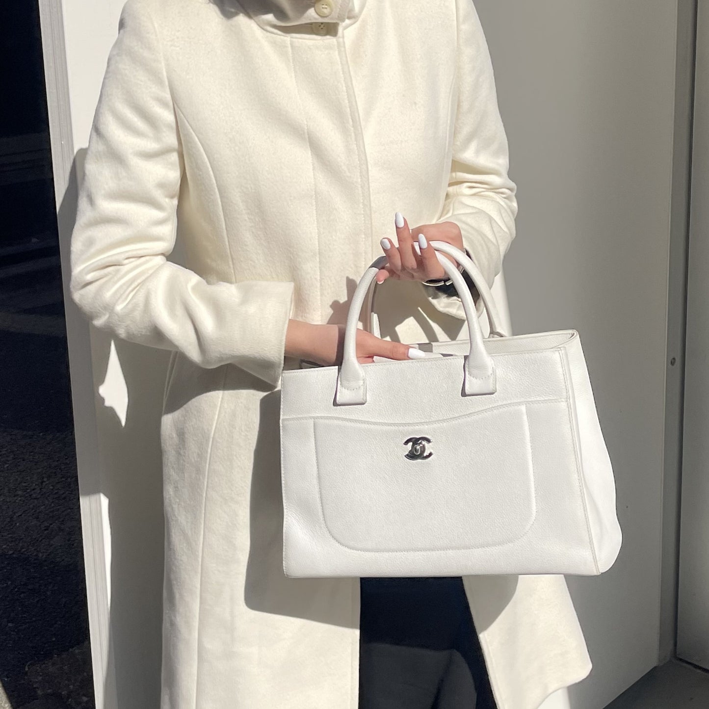 Chanel Ivory Calfskin Tote Bag with Silver Hardware [Used]