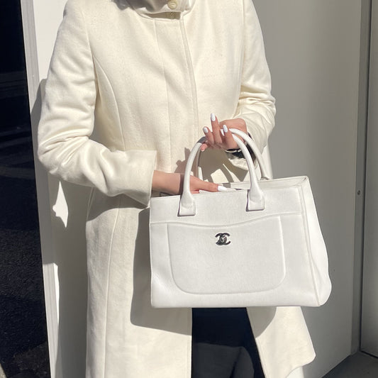 Chanel Ivory Calfskin Tote Bag with Silver Hardware [Used]