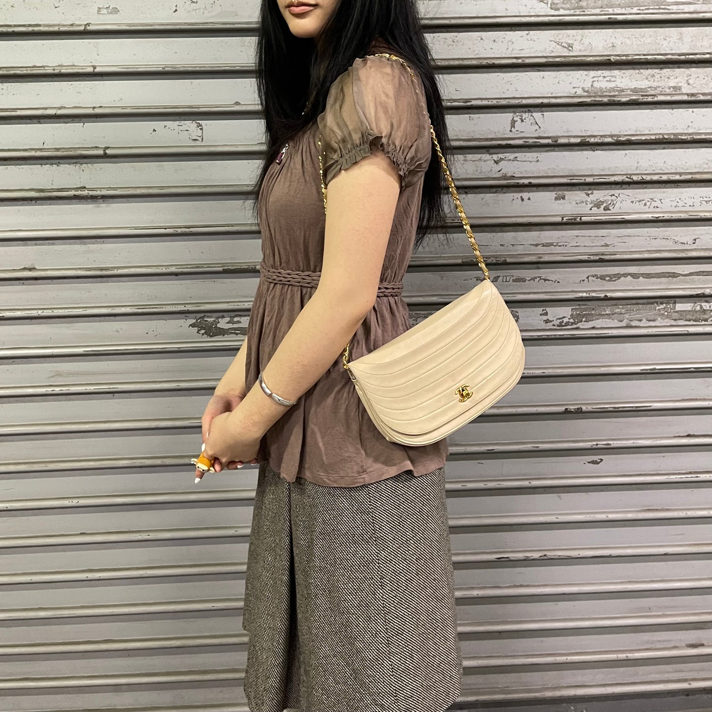 Chanel Beige Stitching Lambskin Halfmoon Flap Bag [Used]
