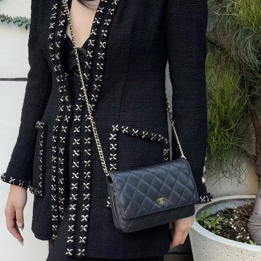 Chanel Black Caviar Leather WOC Chain Shoulder Bag Gold Hardware [Used]