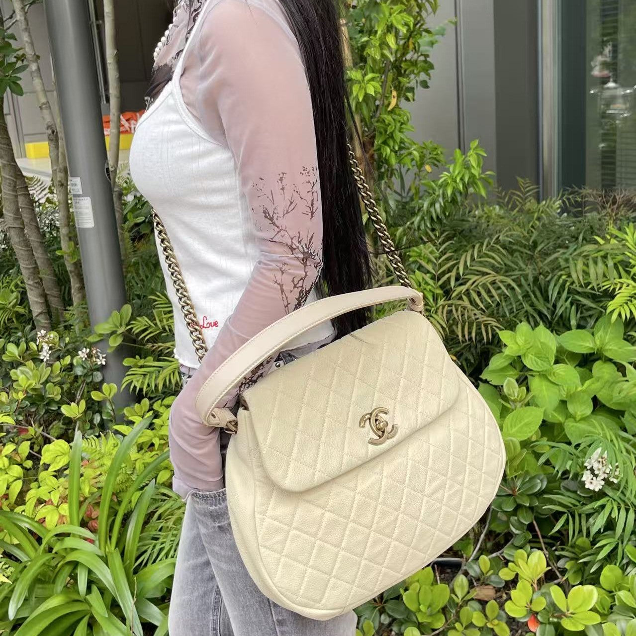 Chanel Cloud Tote Beige Calfskin Aged Gold CC 2Way Large Tote [Used]