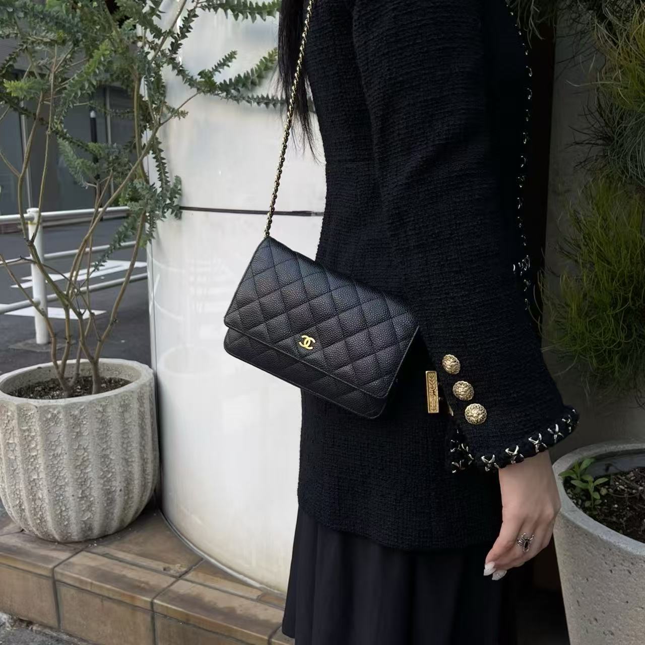 Chanel Black Caviar Leather WOC Chain Shoulder Bag Gold Hardware [Used]