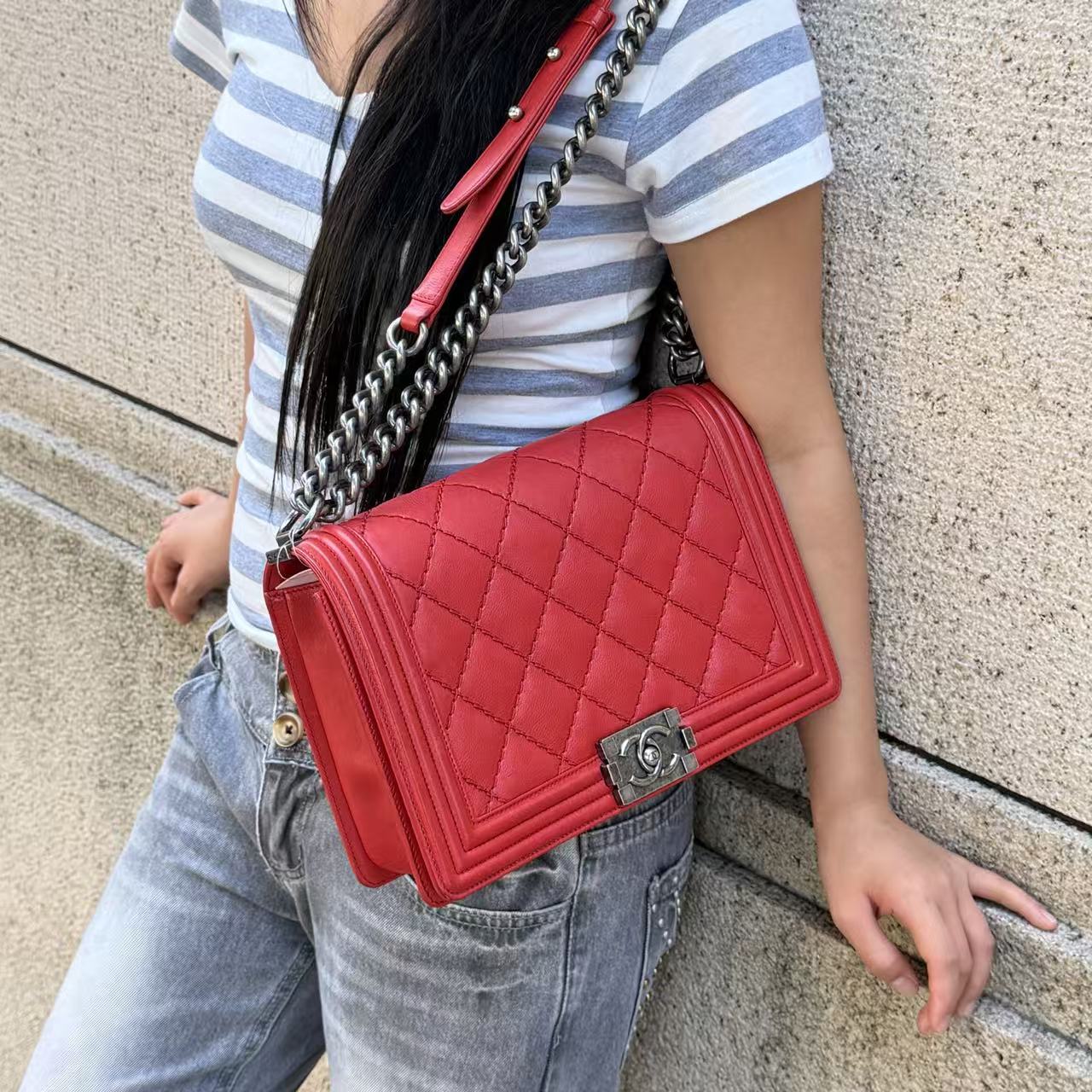 Chanel Le Boy Red Calfskin Flap Shoulder Bag [Used]