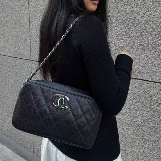Chanel Black Caviar Leather Chain Shoulder Bag Silver Hardware [Used]