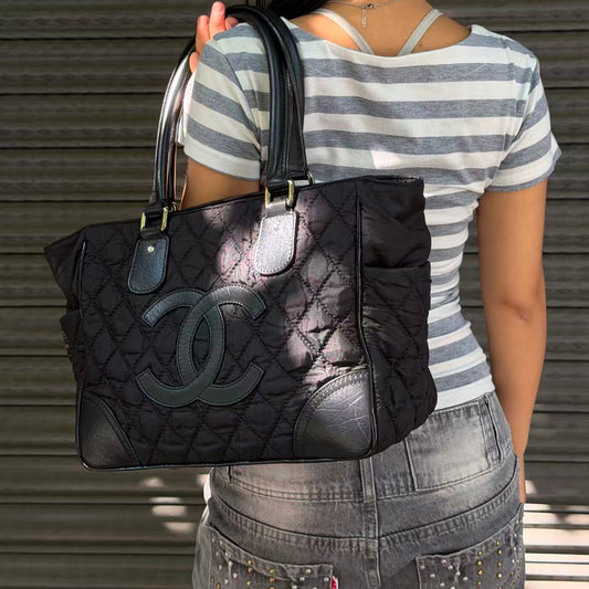 Chanel Large CC Logo Quilted Nylon Tote Bag Black [Used]