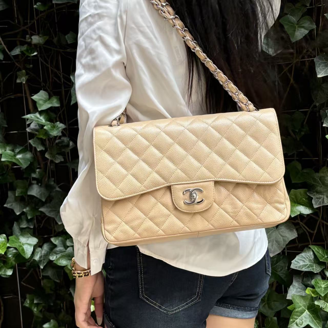 CHANEL Classic Double Flap Jumbo in Beige Caviar Leather [Used]