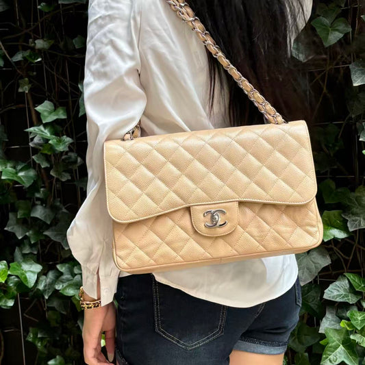 CHANEL Classic Double Flap Jumbo in Beige Caviar Leather [Used]