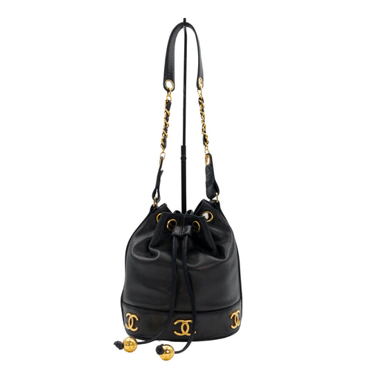 CHANEL Black Lambskin Six CC Logo Drawstring Bucket Bag [Used]