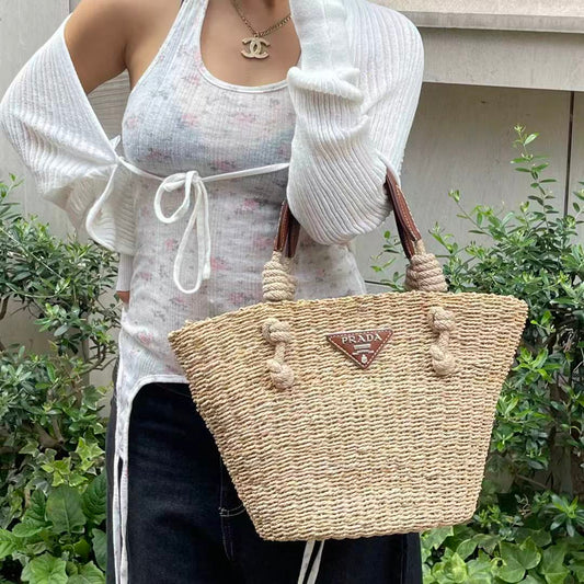 Prada Beige Triangle Logo Raffia Tote Bag [Used]