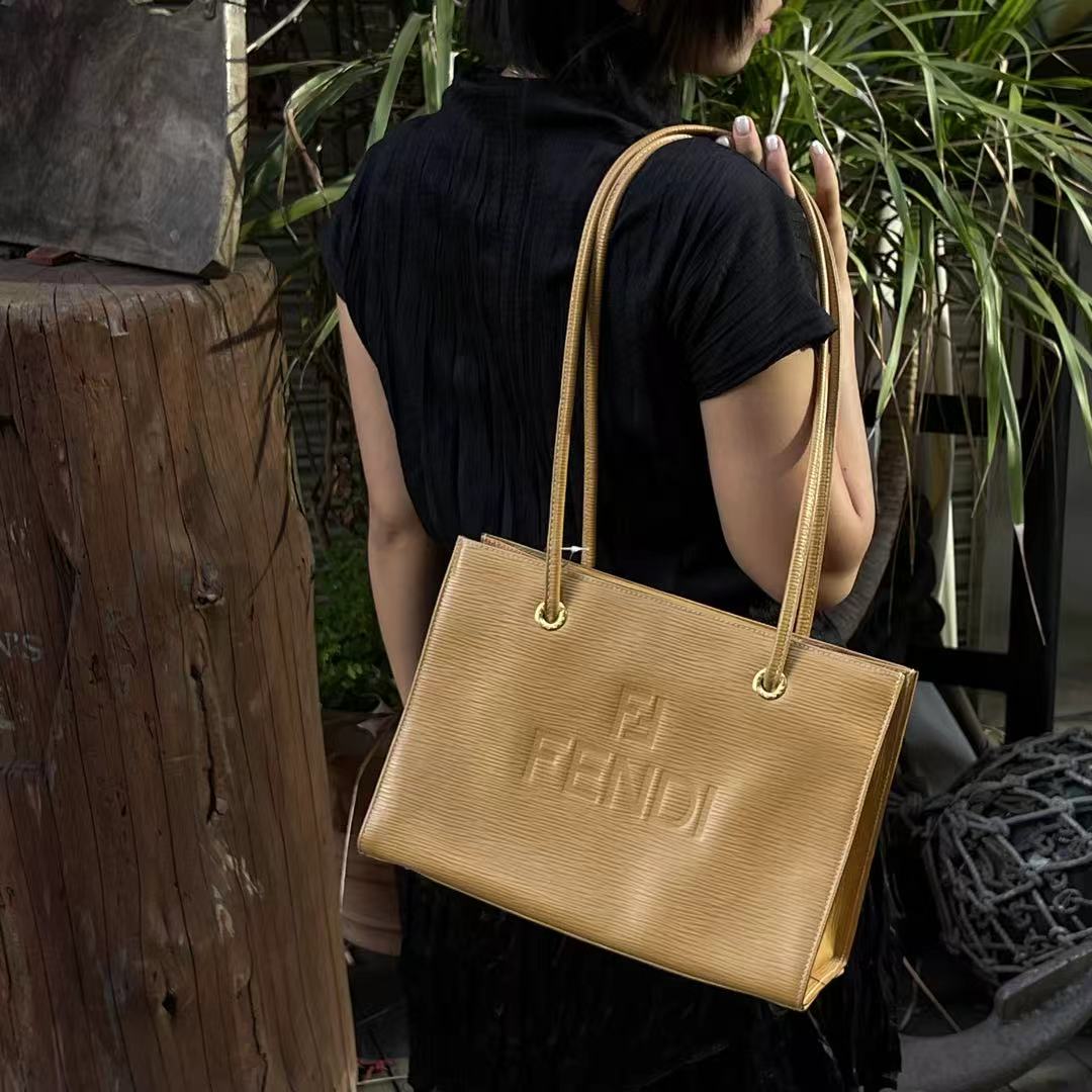 Fendi Yellow Embossed Leather Shoulder Tote Bag [Used]