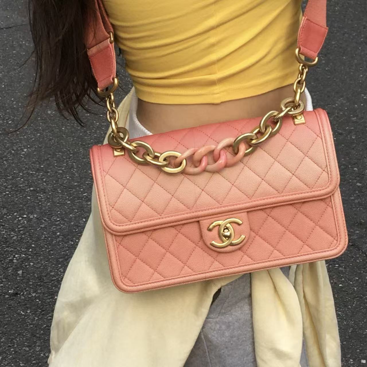 Chanel 19C “Sunset on the Sea” Medium Flap Bag in Coral Pink Caviar [Used]