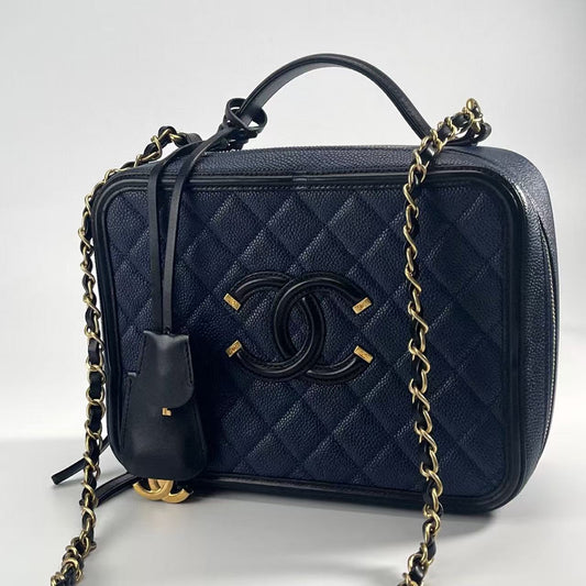 Chanel CC Matelasse Filigree Caviar Skin 2Way Handbag Shoulerbag navy x black [Used]