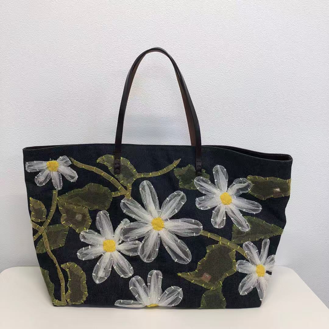 Fendi Floral Applique Denim Shopper Tote Bag[Used]