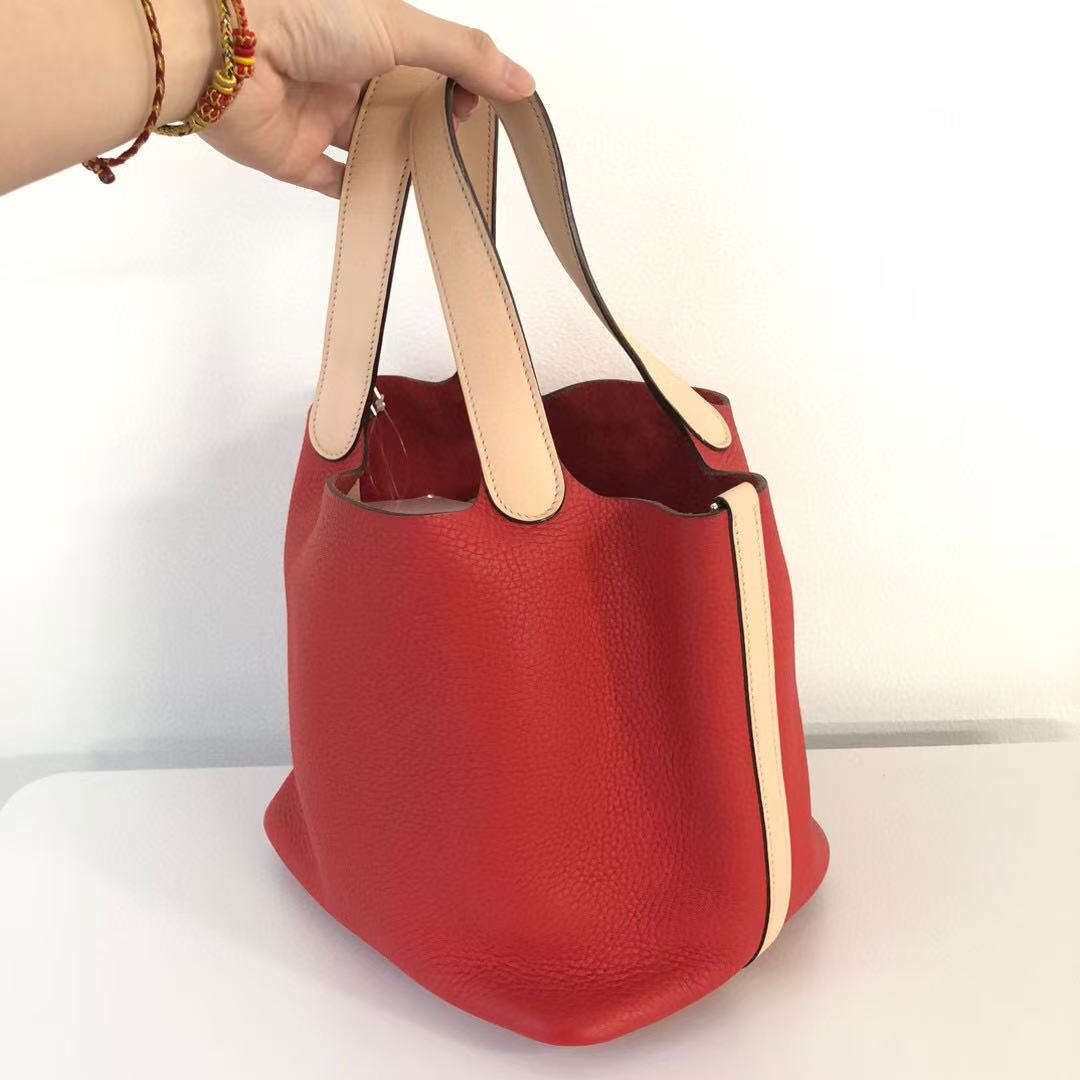 Hermès Picotin Lock MM  Rouge Tomato/Rose Eglantine Taurillon Clemence HandBag [Used]