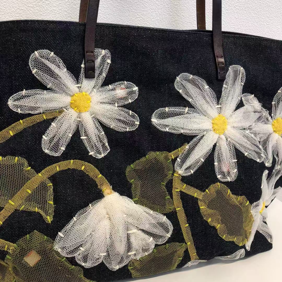 Fendi Floral Applique Denim Shopper Tote Bag[Used]