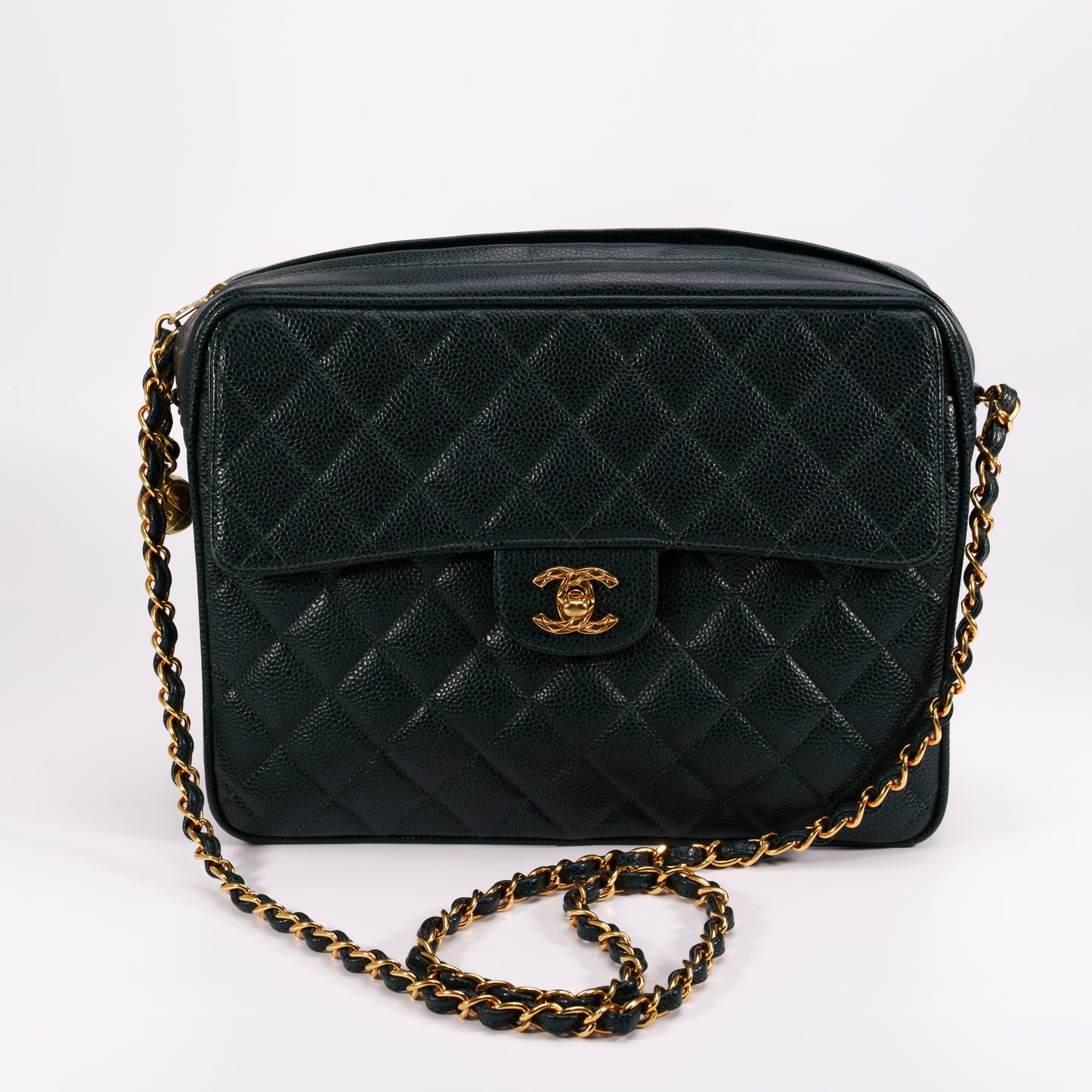 CHANEL Dark Green Matelasse Decamato Jumbo CaviarSkin Shoulder Bag  [Used]