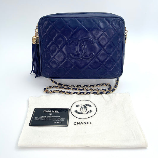 Chanel Dark Blue Lambskin Out-Seam Logo Tassel Camera Chain Bag – Dark Blue [Used]