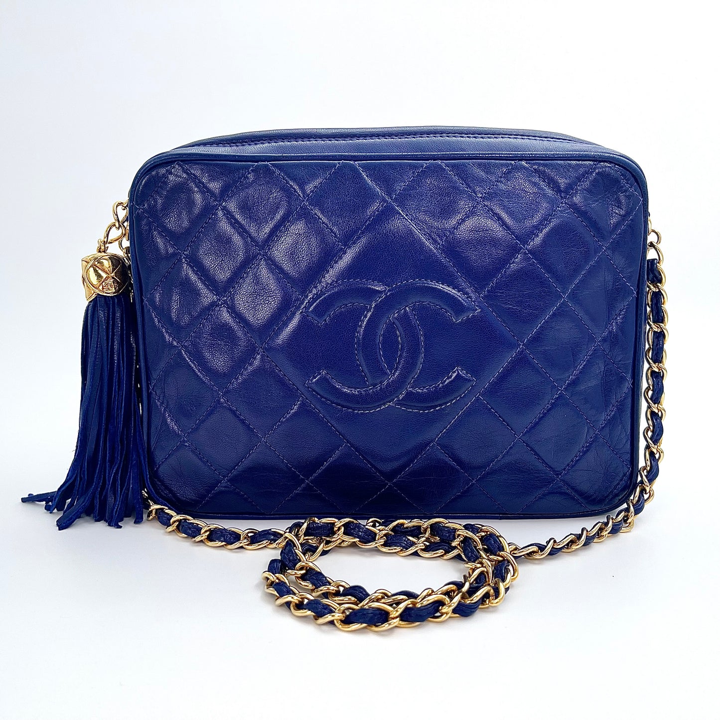 Chanel Dark Blue Lambskin Out-Seam Logo Tassel Camera Chain Bag – Dark Blue [Used]