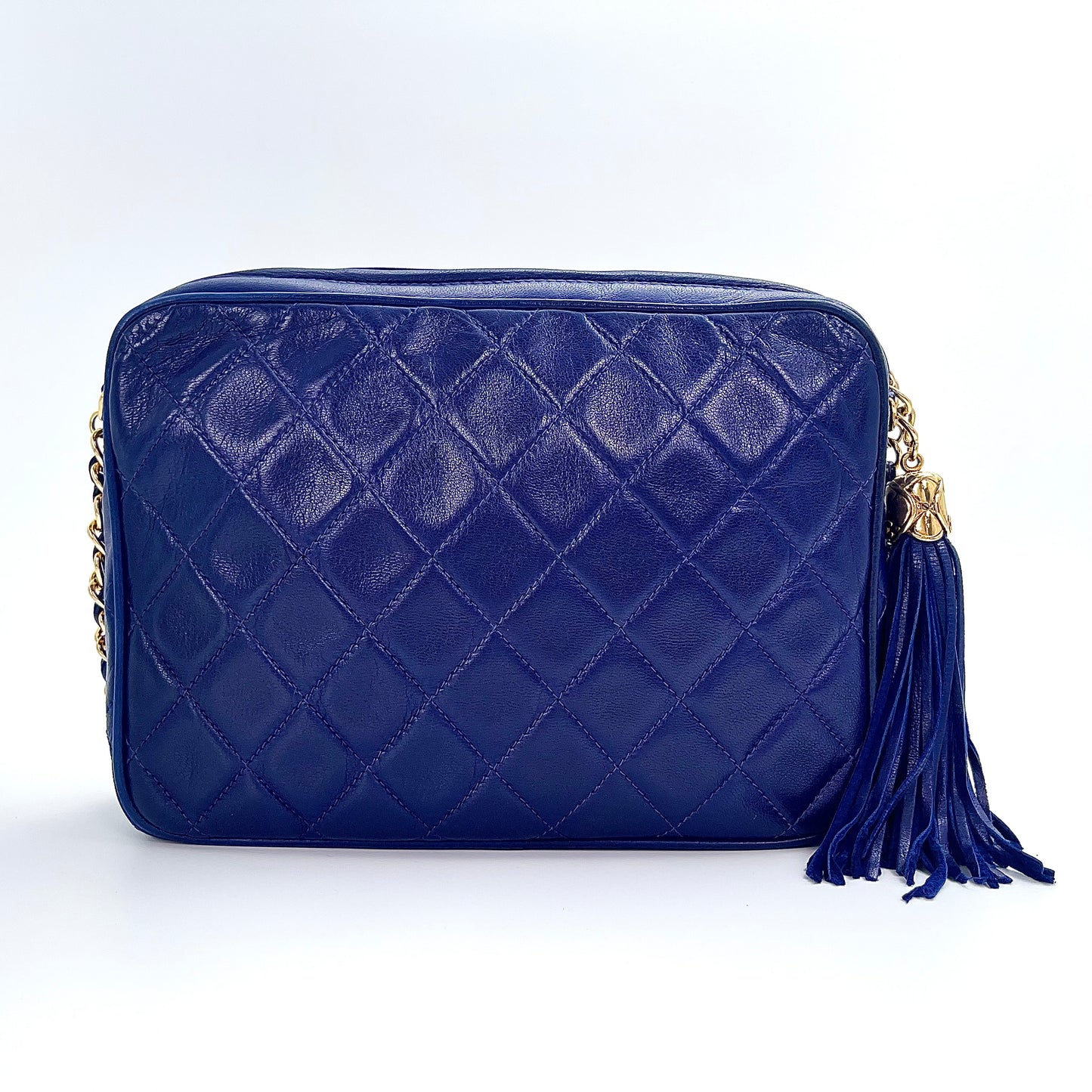 Chanel Dark Blue Lambskin Out-Seam Logo Tassel Camera Chain Bag – Dark Blue [Used]