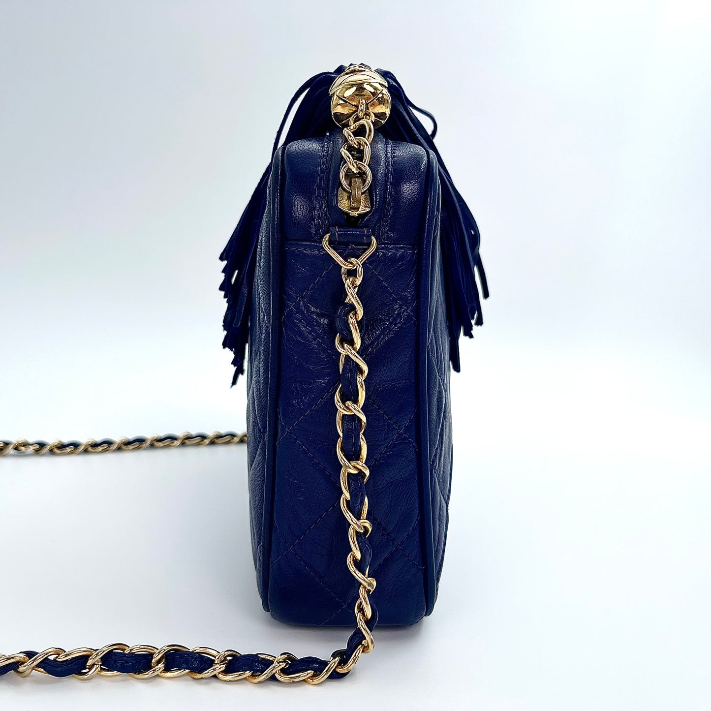 Chanel Dark Blue Lambskin Out-Seam Logo Tassel Camera Chain Bag – Dark Blue [Used]