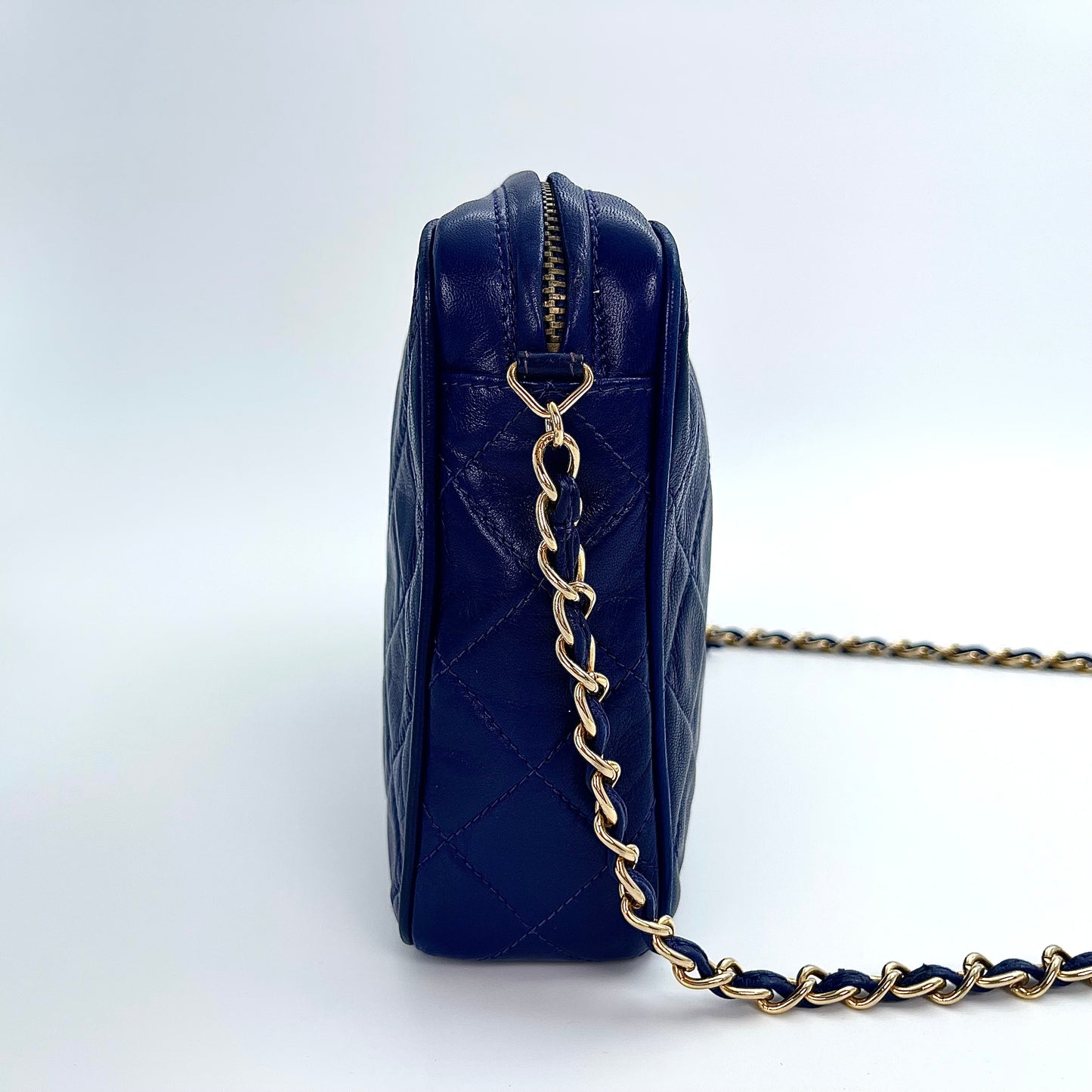 Chanel Dark Blue Lambskin Out-Seam Logo Tassel Camera Chain Bag – Dark Blue [Used]