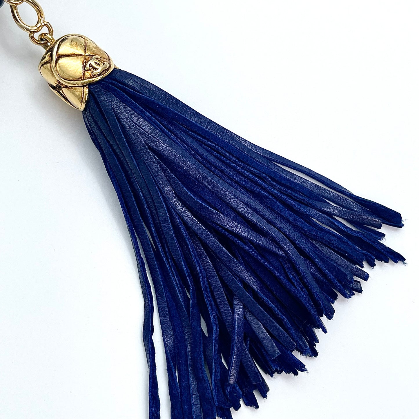 Chanel Dark Blue Lambskin Out-Seam Logo Tassel Camera Chain Bag – Dark Blue [Used]