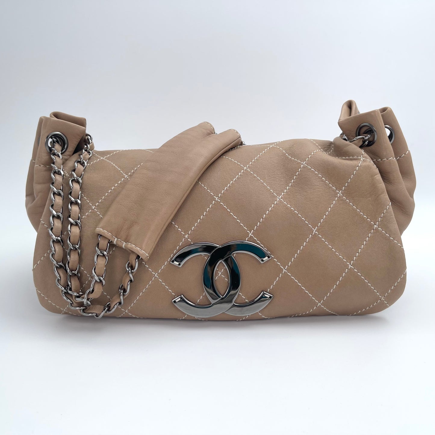 Chanel Milk Tea Large Double C Silver Buckle Out-Seam Large Flap Shoulder Tote Bag – Milk Tea [Used]