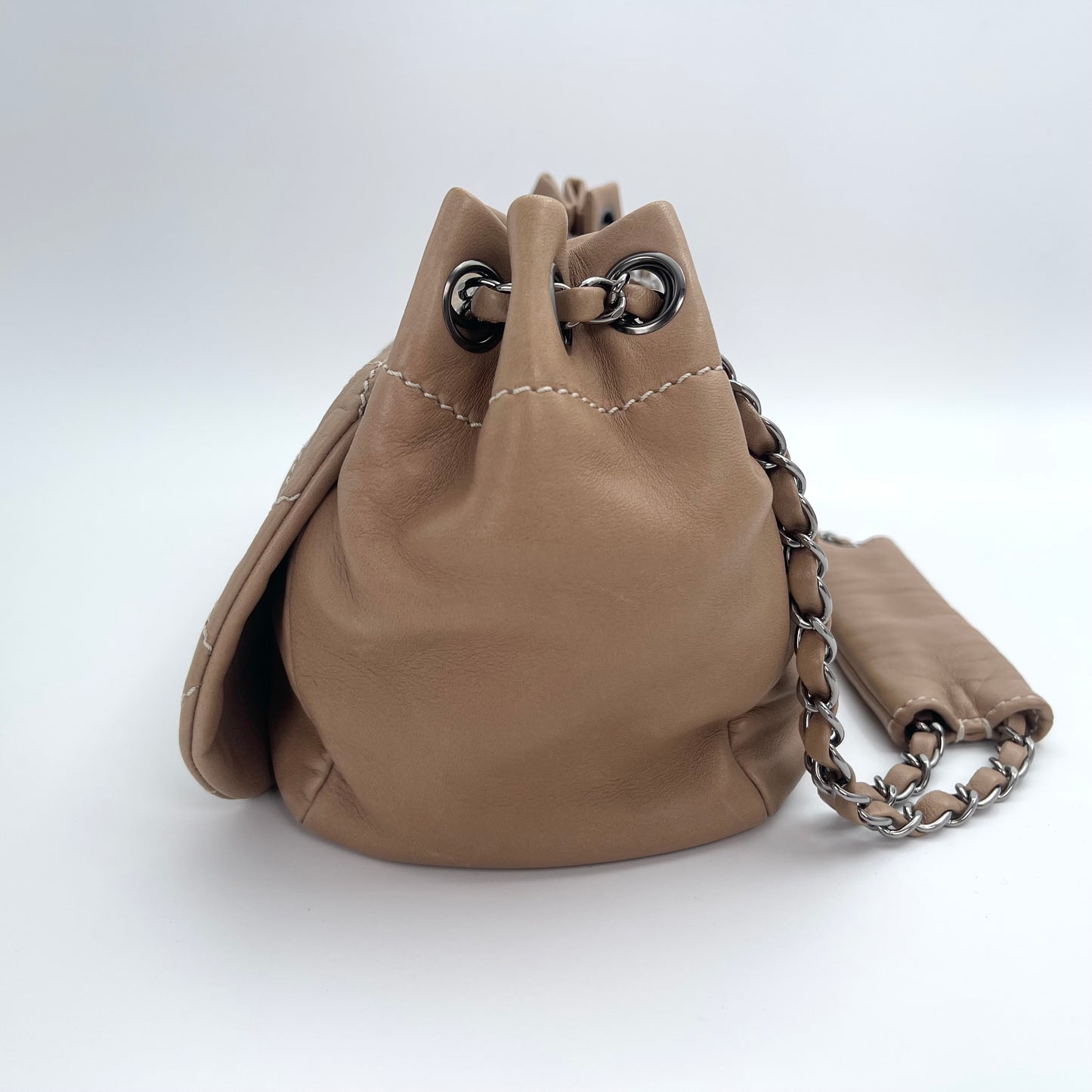 Chanel Milk Tea Large Double C Silver Buckle Out-Seam Large Flap Shoulder Tote Bag – Milk Tea [Used]