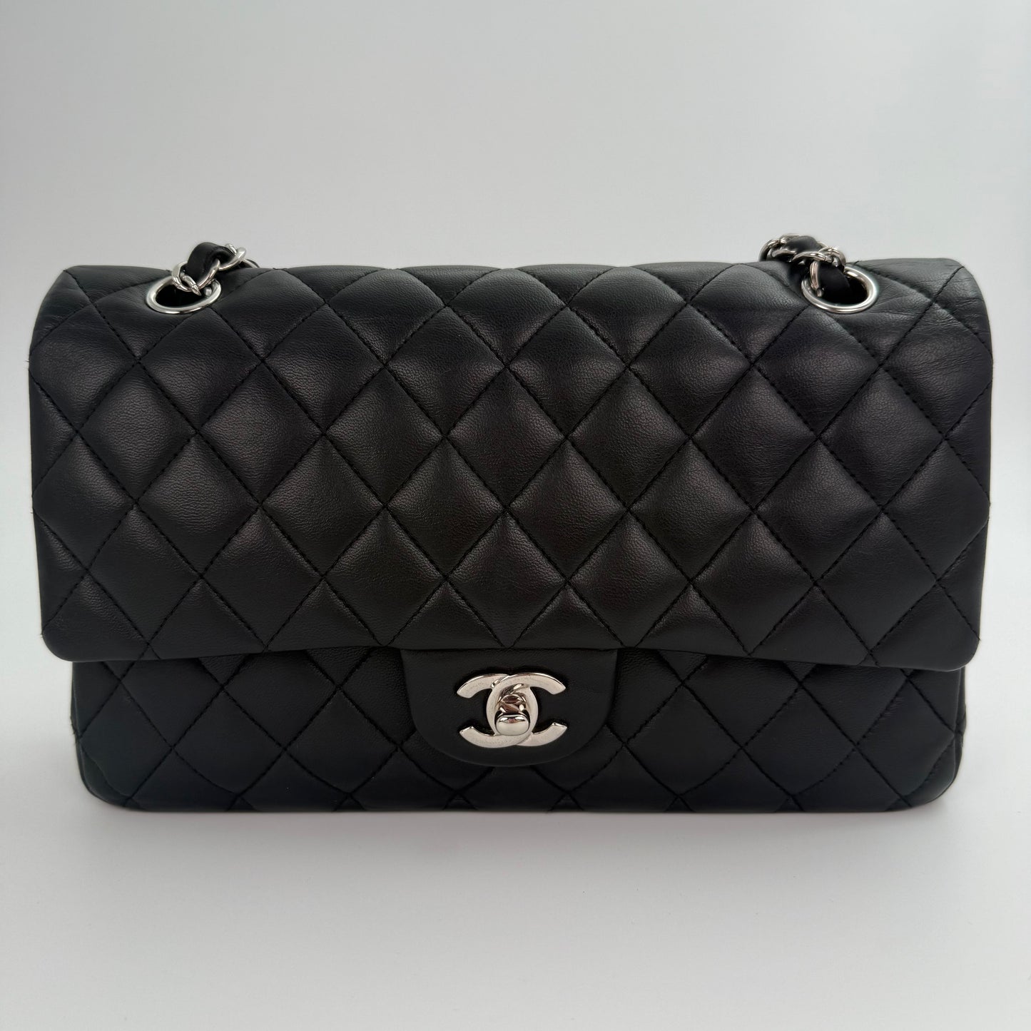 Chanel Classic Flap Bag Black Lambskin with Silver-Tone Hardware – 25cm [Used]