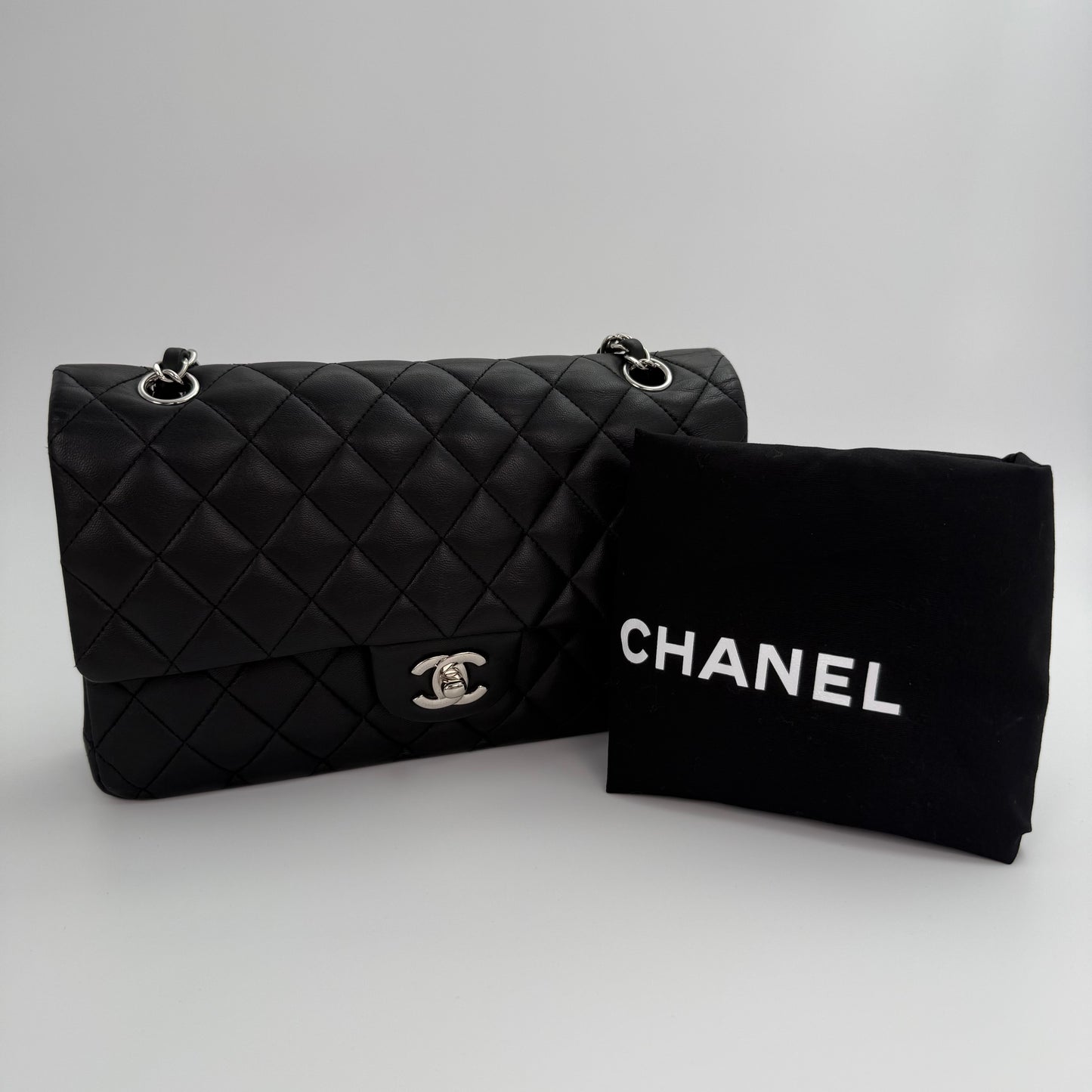 Chanel Classic Flap Bag Black Lambskin with Silver-Tone Hardware – 25cm [Used]