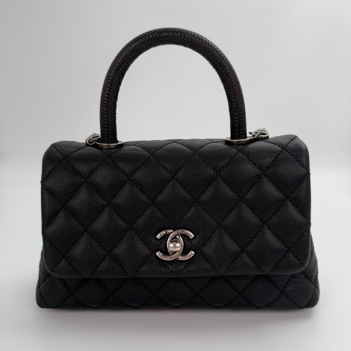 Chanel Black Caviar COCO Handle Lizard  To P Handle with  silver hardware [Used]
