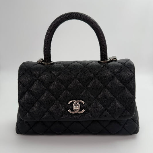 Chanel Black Caviar COCO Handle Lizard  To P Handle with  silver hardware [Used]