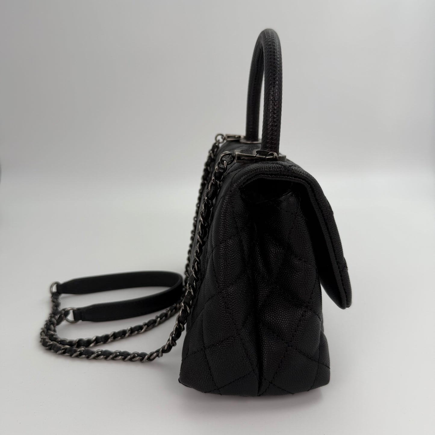 Chanel Black Caviar COCO Handle Lizard  To P Handle with  silver hardware [Used]