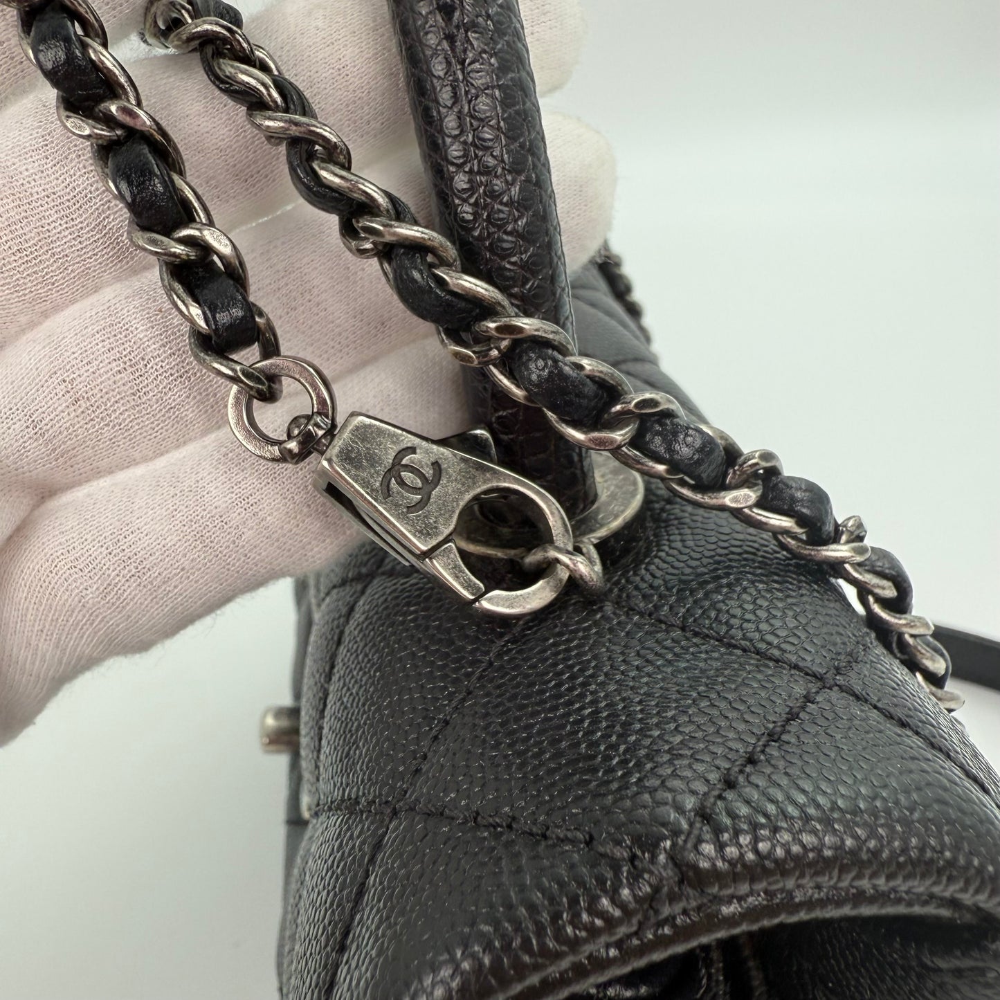 Chanel Black Caviar COCO Handle Lizard  To P Handle with  silver hardware [Used]