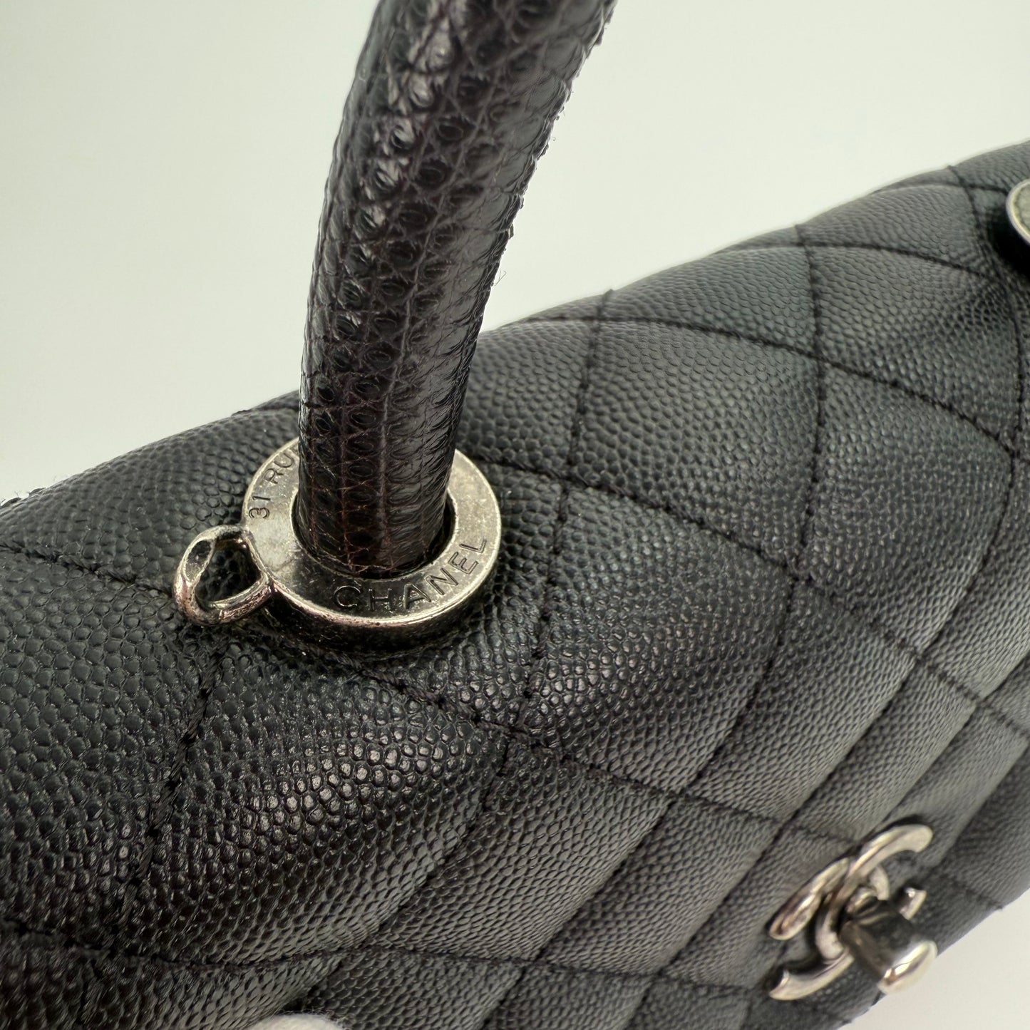 Chanel Black Caviar COCO Handle Lizard  To P Handle with  silver hardware [Used]