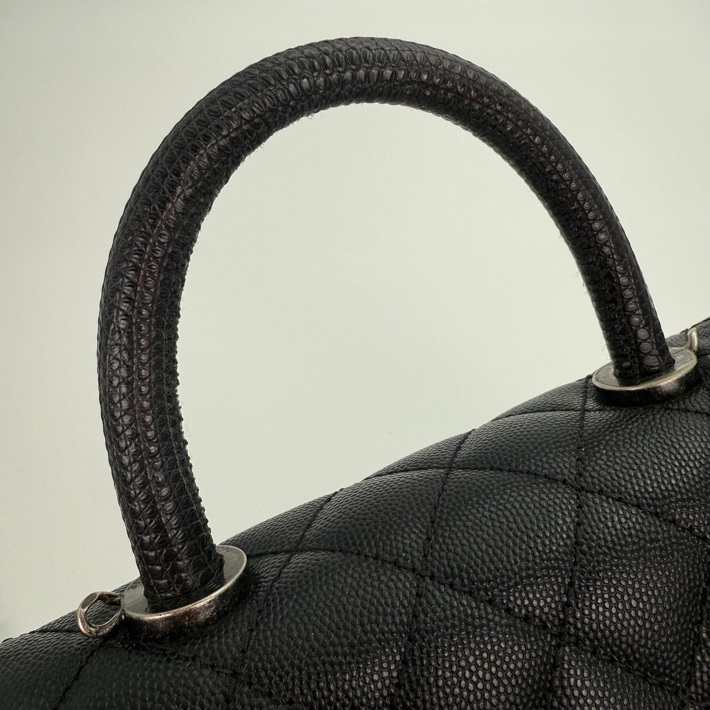 Chanel Black Caviar COCO Handle Lizard  To P Handle with  silver hardware [Used]