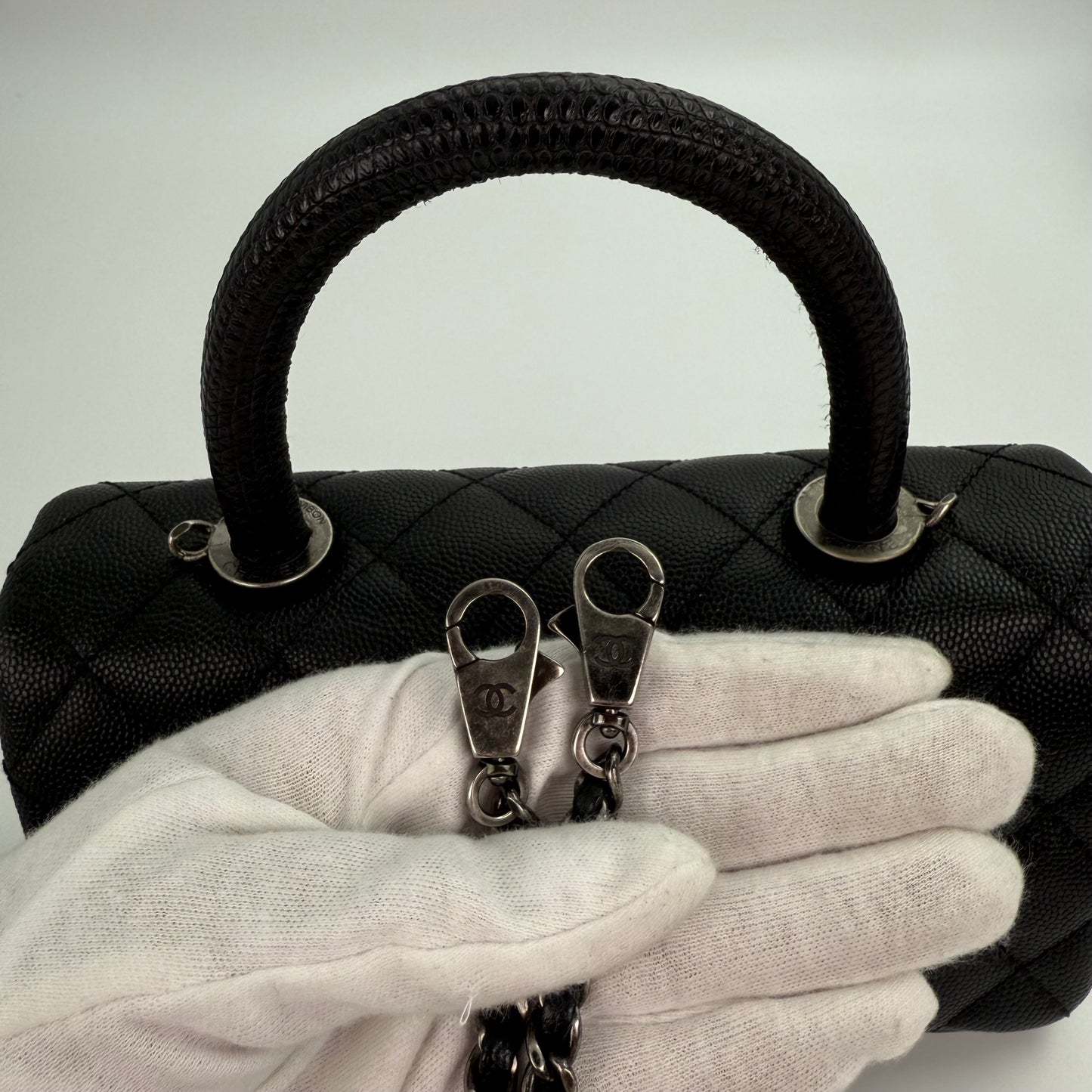 Chanel Black Caviar COCO Handle Lizard  To P Handle with  silver hardware [Used]