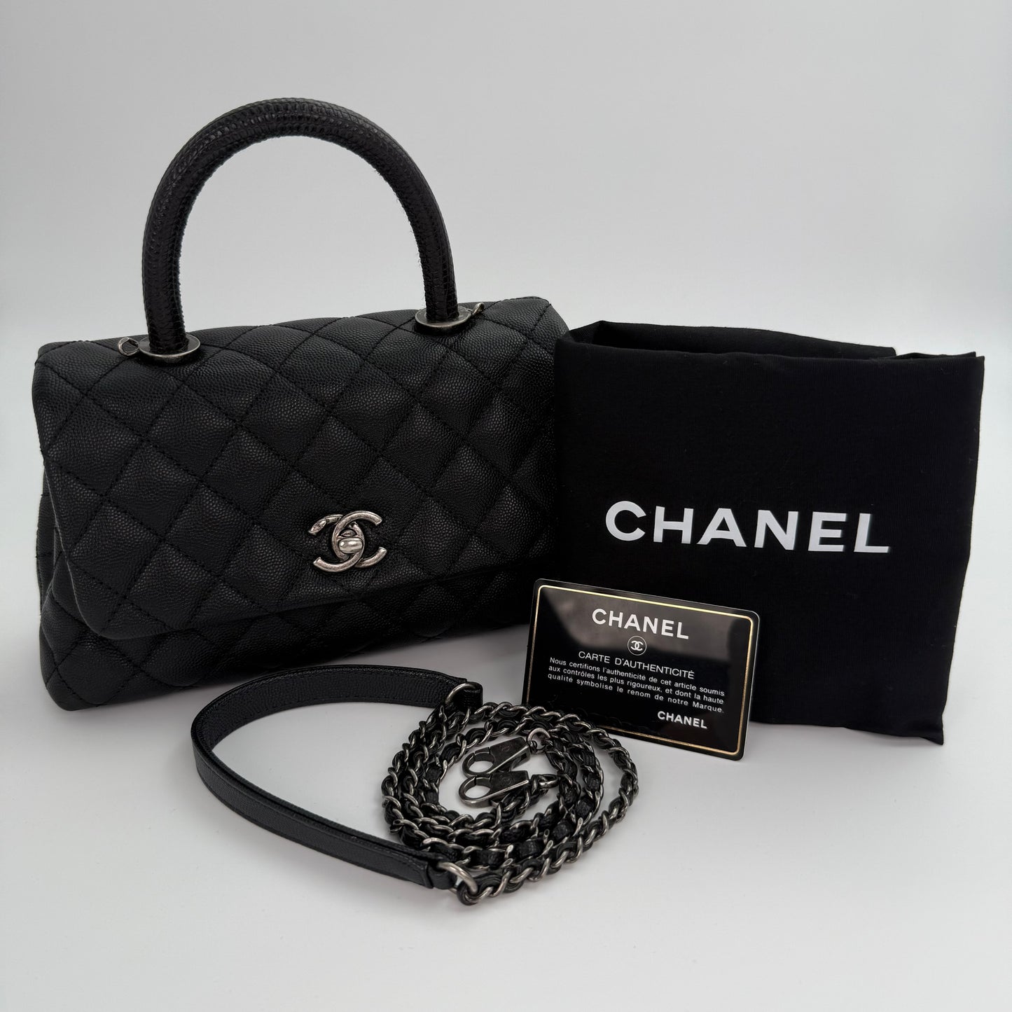 Chanel Black Caviar COCO Handle Lizard  To P Handle with  silver hardware [Used]