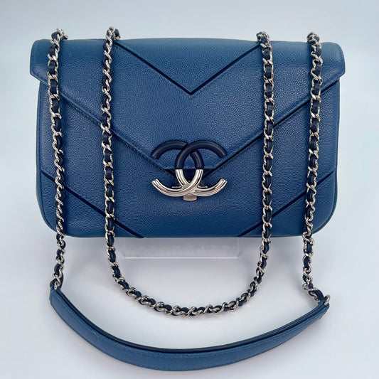 Chanel Chevron Flap Bag Blue Caviar Leather from the Cuba Collection [Used]