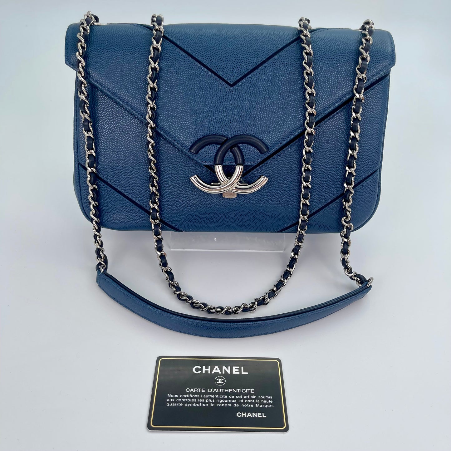 Chanel Chevron Flap Bag Blue Caviar Leather from the Cuba Collection [Used]