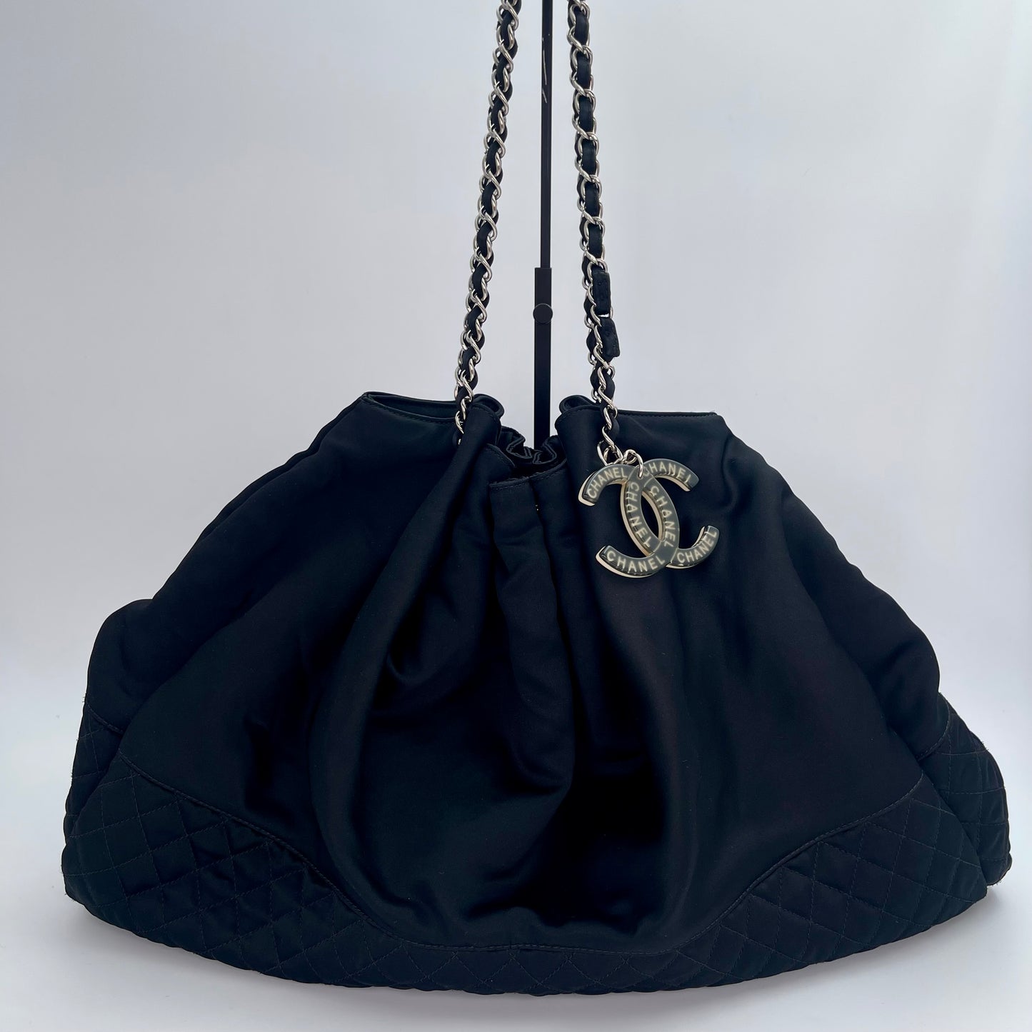 Chanel Melrose Cabas Tote Large Satin Drawstring Bag with Chain Detail [Used]