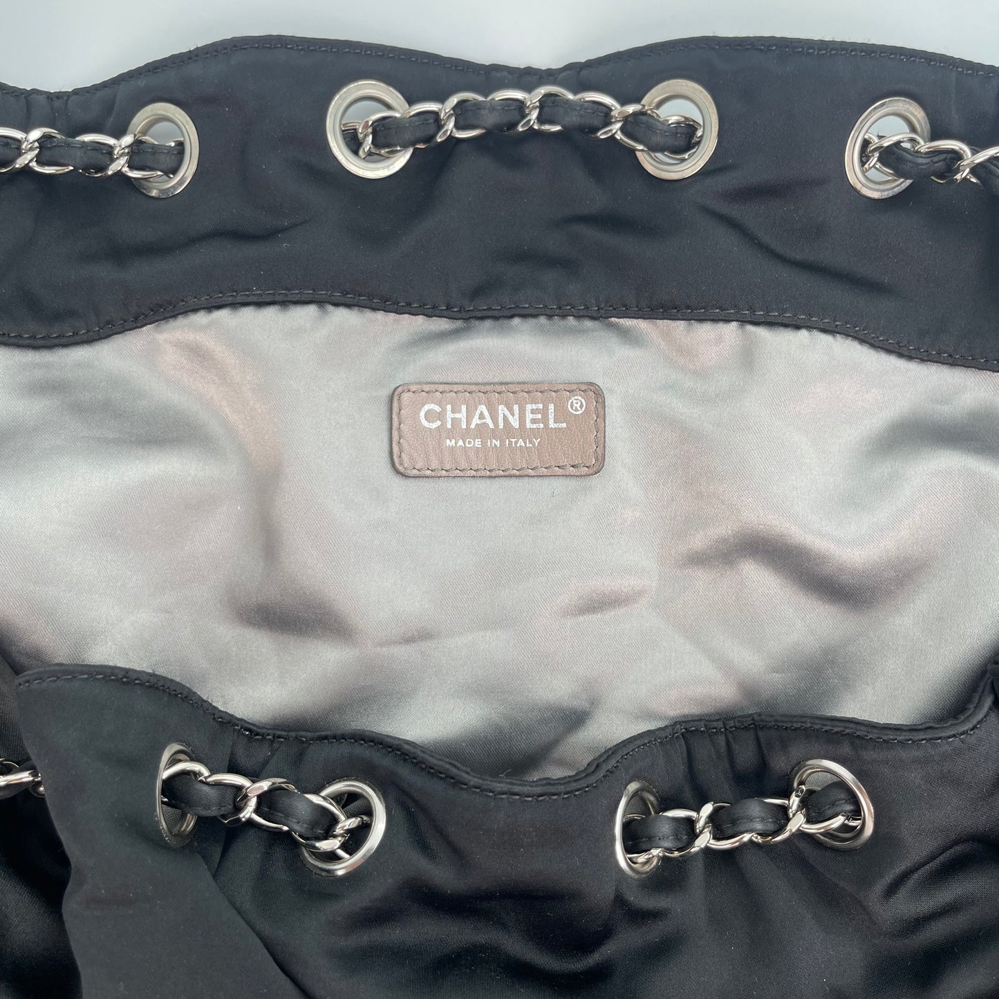 Chanel Melrose Cabas Tote Large Satin Drawstring Bag with Chain Detail [Used]